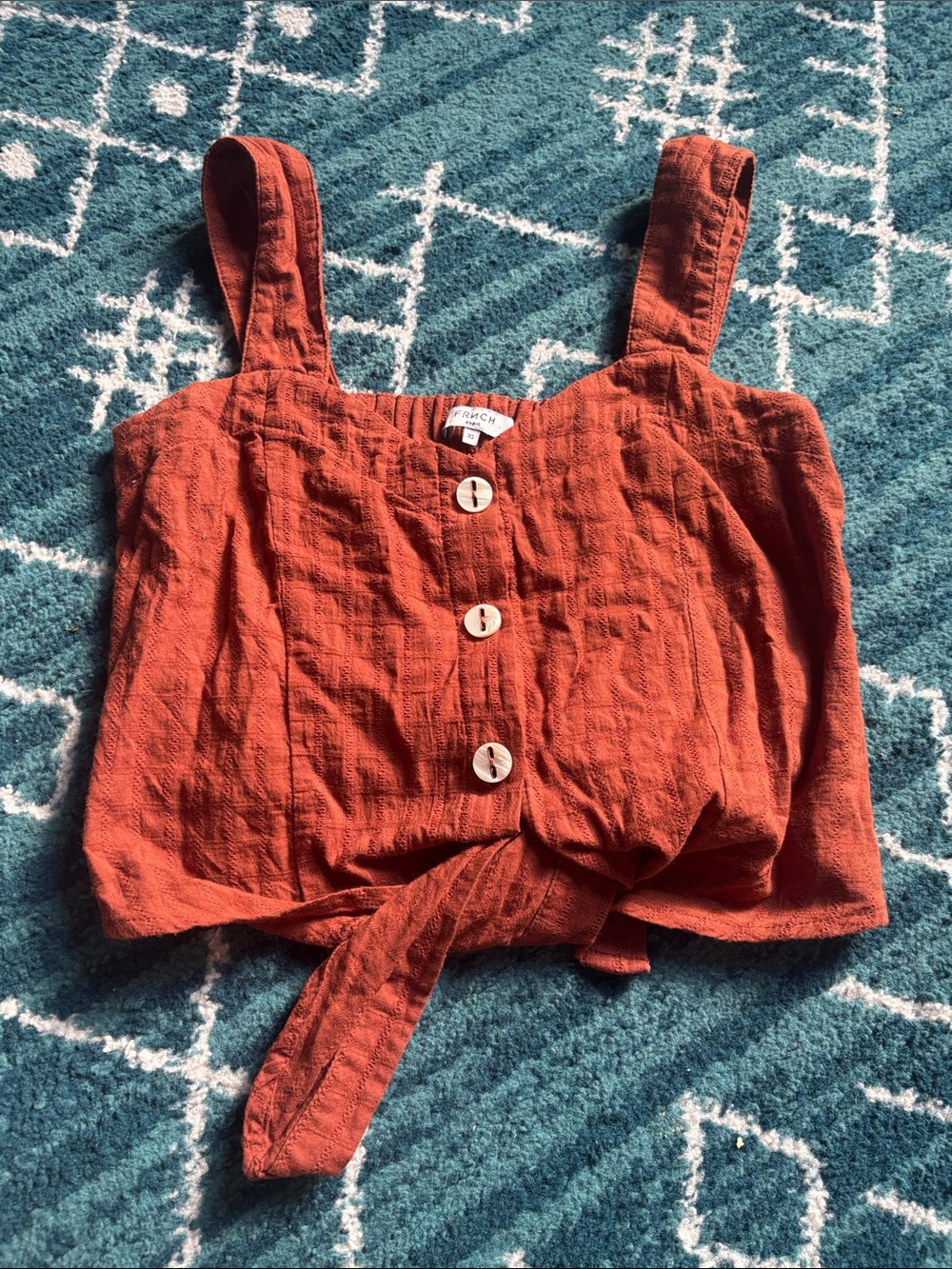 FRNCH burnt Orange Button-Front Tie Crop Top